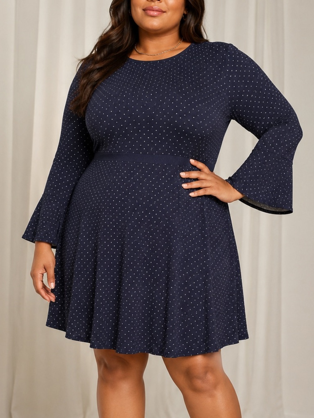 American Living Dark Blue Polka Dot Long Sleeve Dress (916)